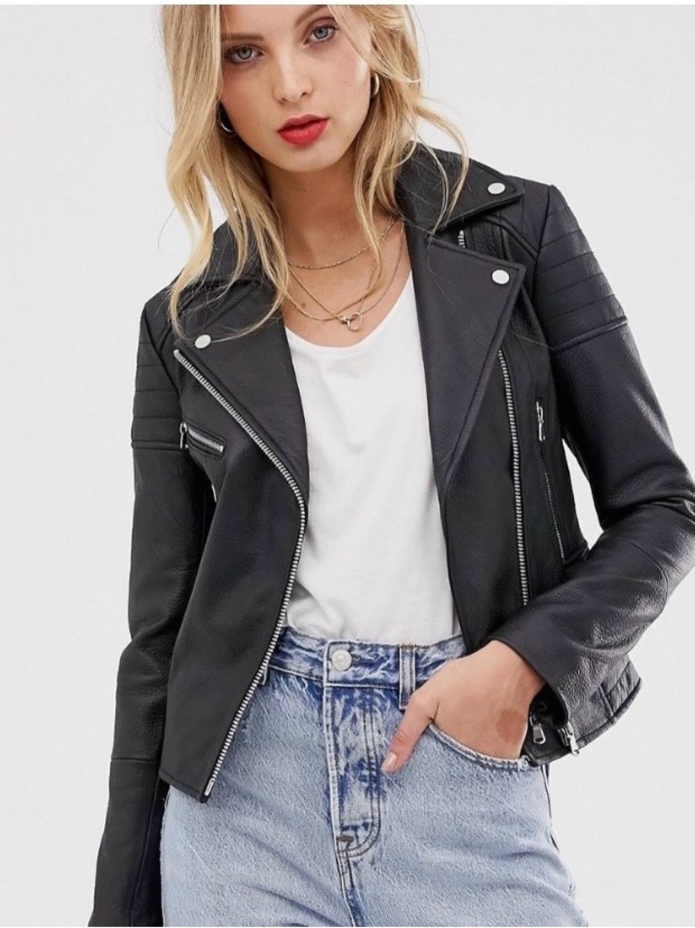 Barneys Originals Clara Black Leather Moto Jacket Size 12 Biker Zip Pocket